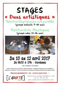 Stages Duos artistiques enfants & ados - vacances de Pâques. Du 10 au 12 avril 2017 à Gardanne. Bouches-du-Rhone.  09H30